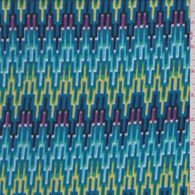 1 YD PC-Aqua Blue Multi Digital Flamestitch Rayon Challis Fabric