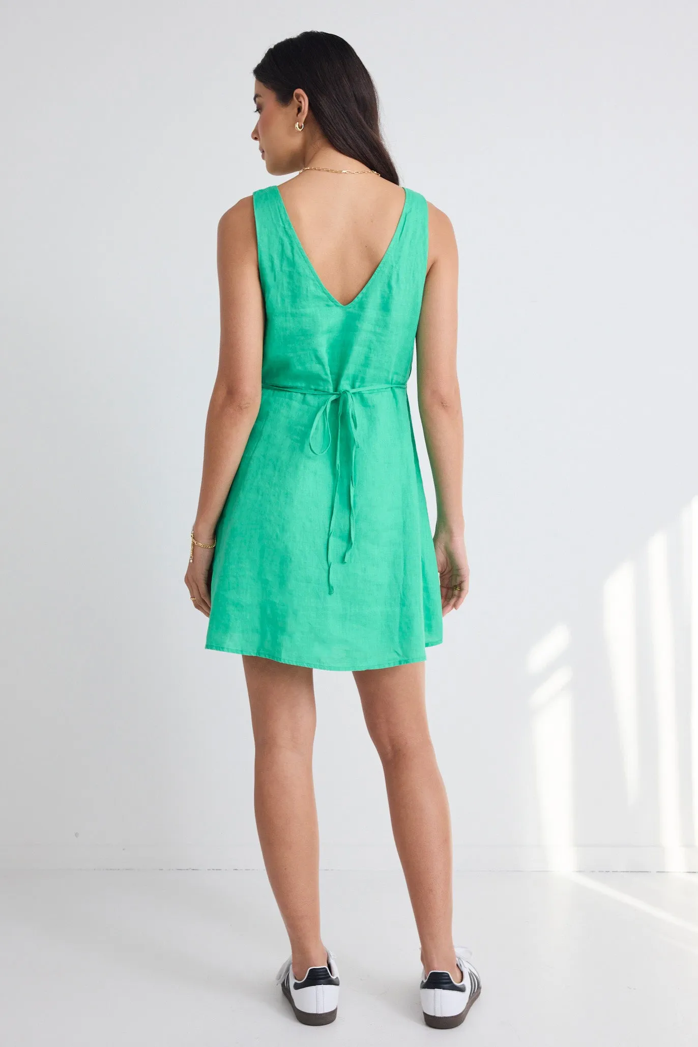 Allora Meadow Green Linen Sleeveless Button Front Mini Dress