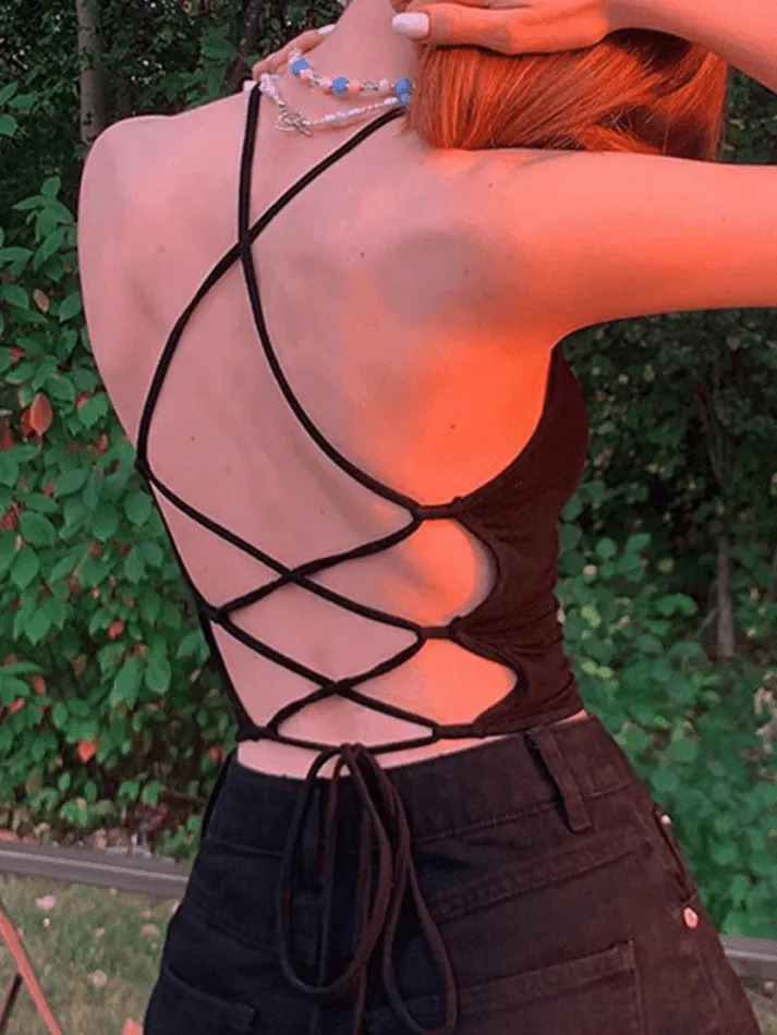 Black Backless Lace Up Halter Vest