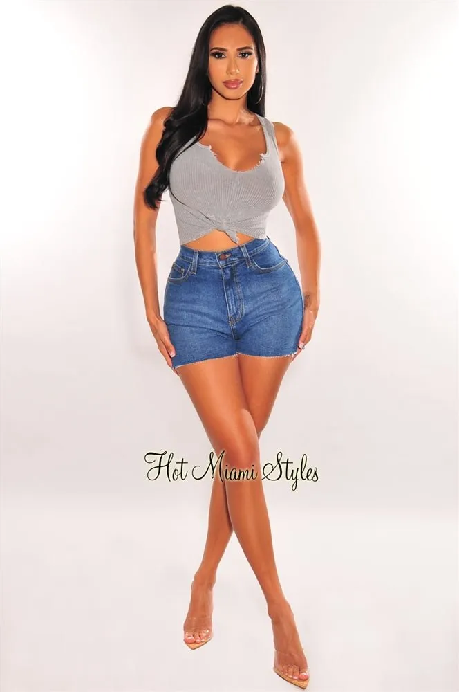 Blue Denim High Waist Slit Frayed Hem Shorts