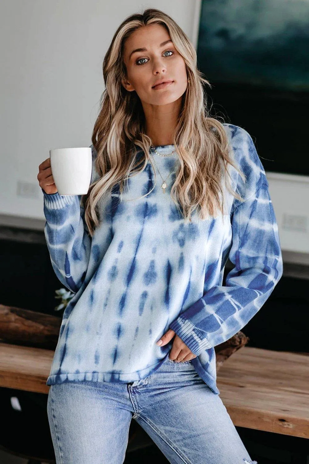 Blue White Tie-dye Print Knit Sweater