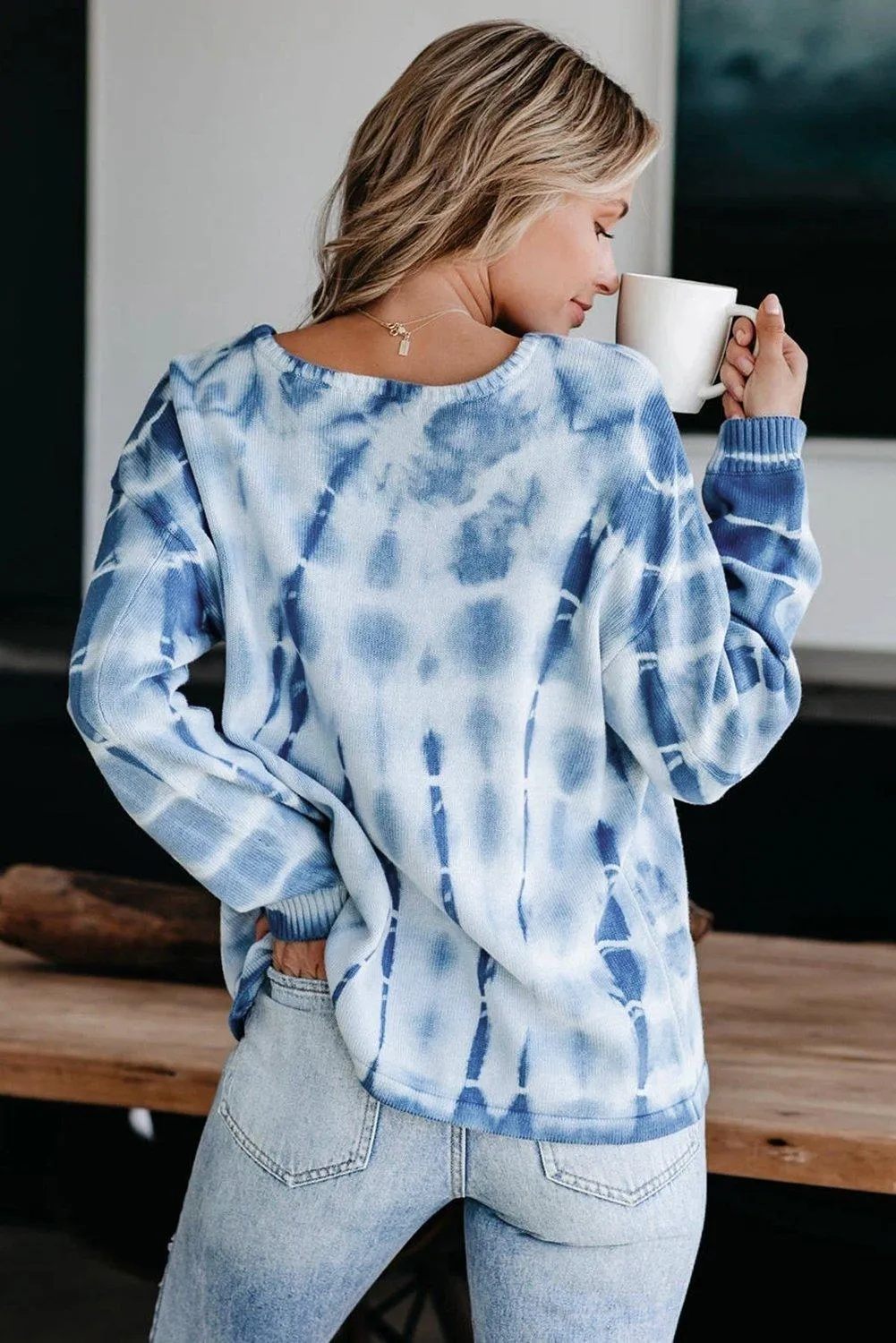 Blue White Tie-dye Print Knit Sweater