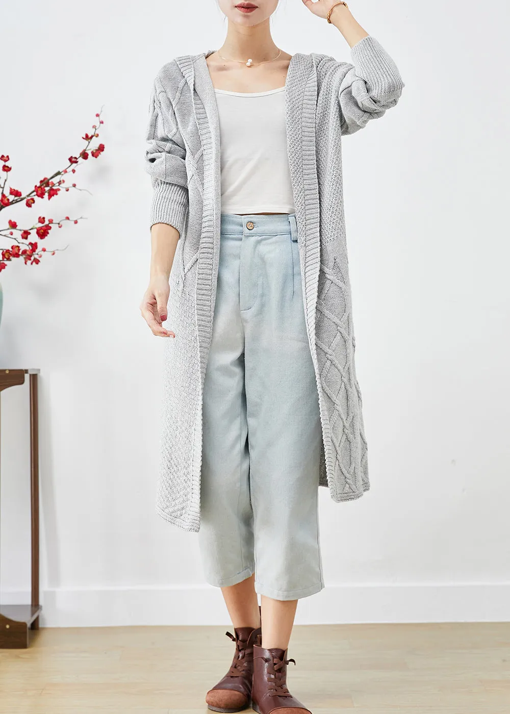 Bohemian Grey Hooded Oversized Knit Long Cardigans Fall LY9233