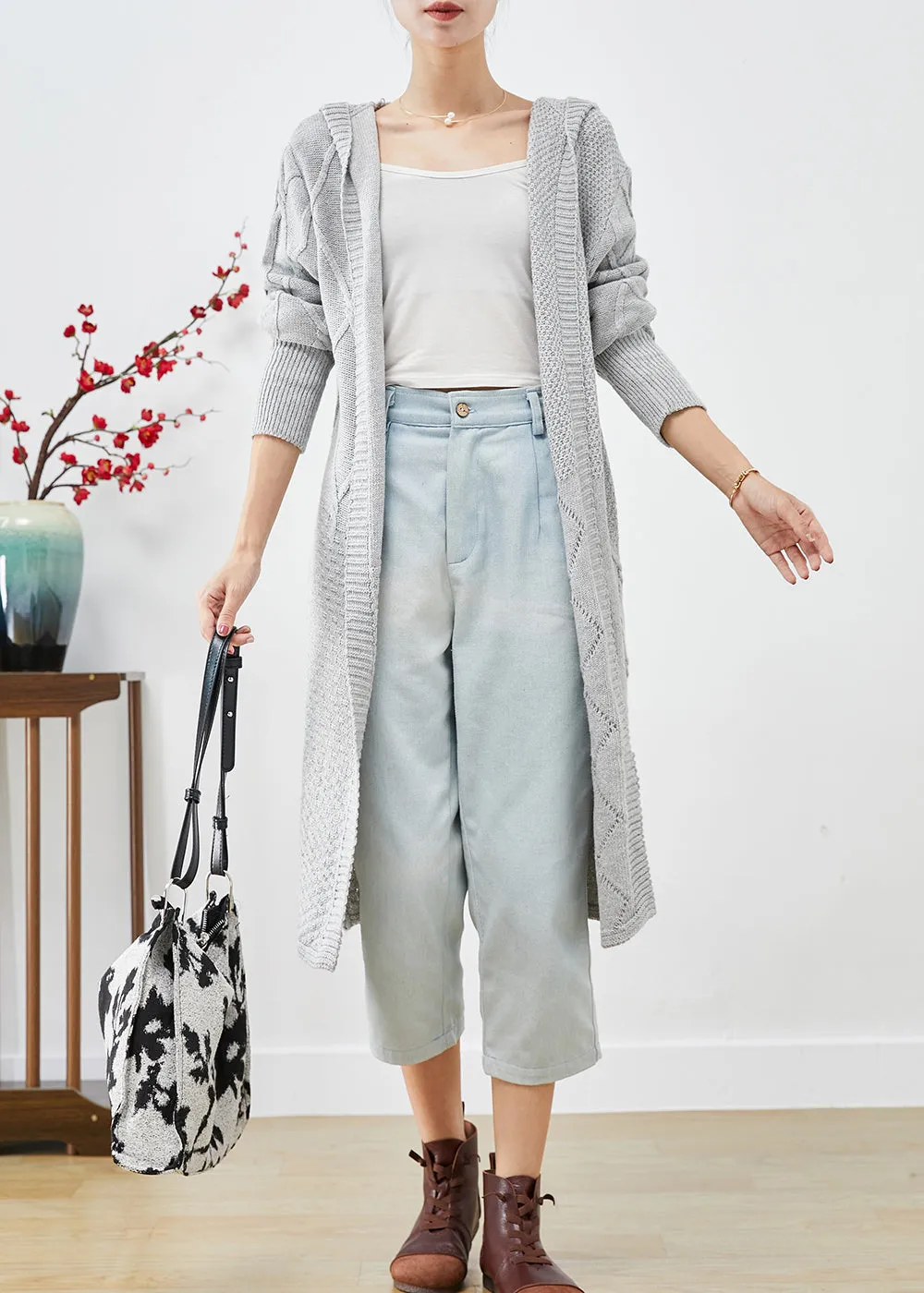 Bohemian Grey Hooded Oversized Knit Long Cardigans Fall LY9233