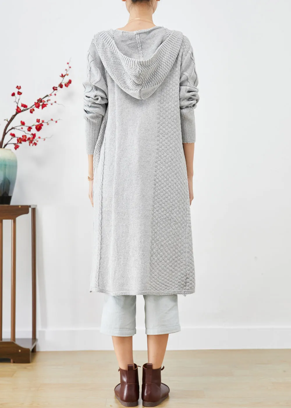 Bohemian Grey Hooded Oversized Knit Long Cardigans Fall LY9233