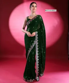 Bottel Green Georgette Embroidery Sequins Saree