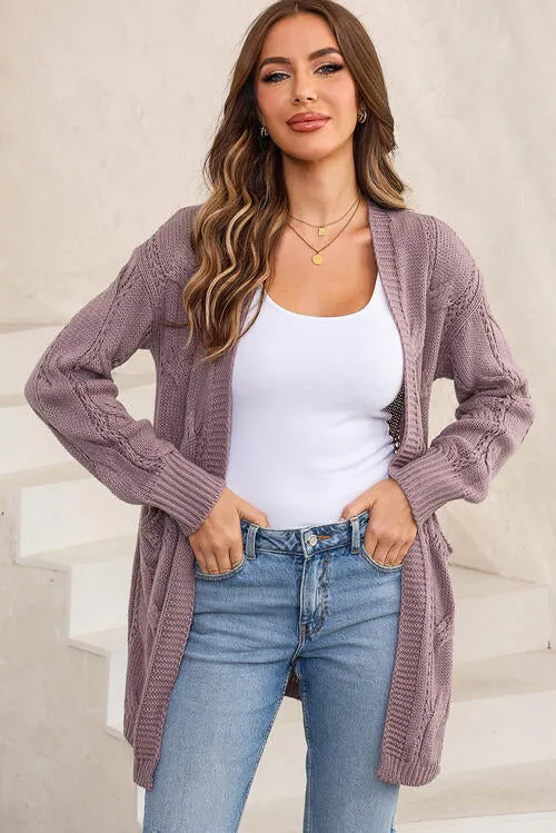 Cable-Knit Dropped Shoulder Slit Cardigan