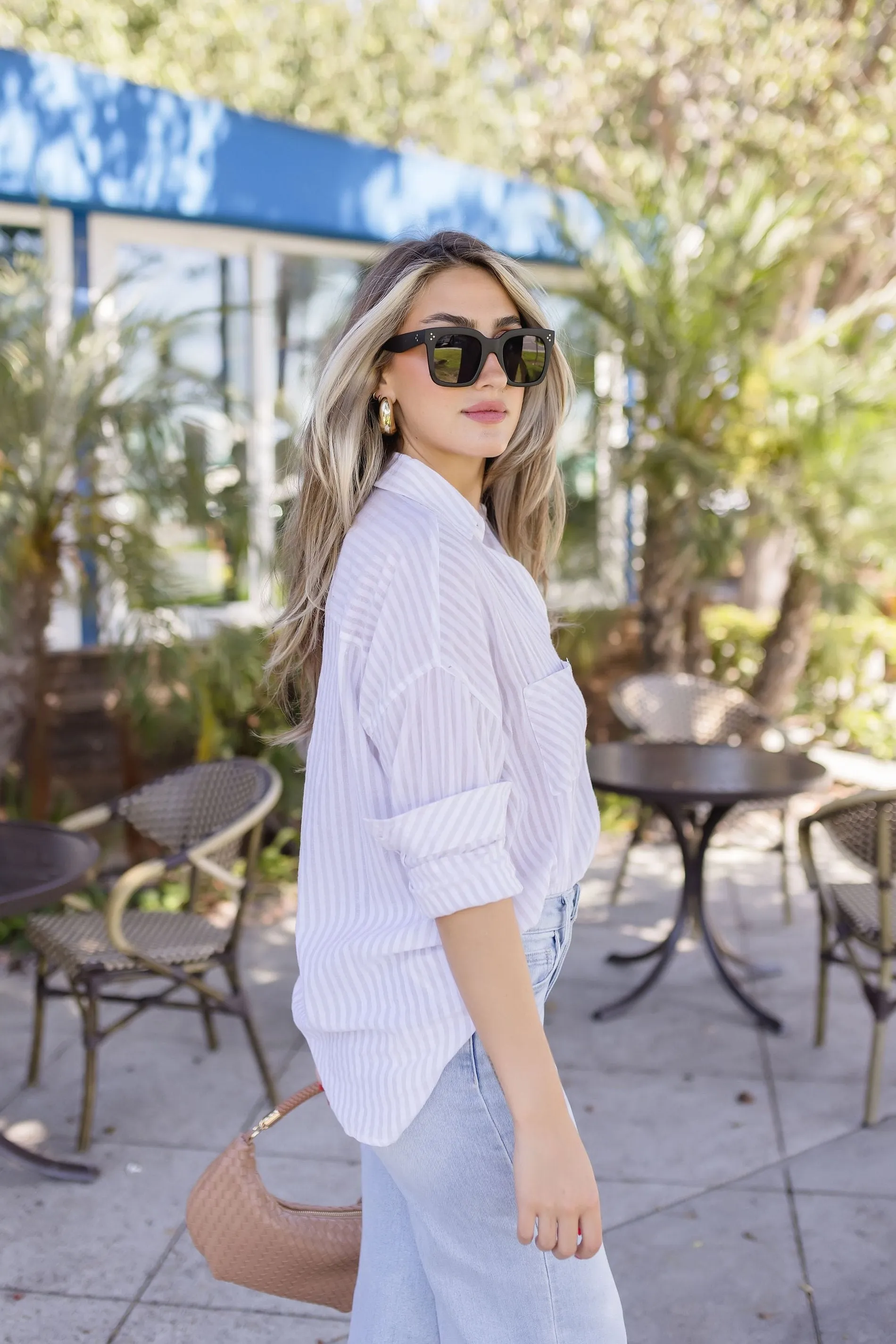 Chandler Long Sleeve Stripe Print Button Down Top Beige