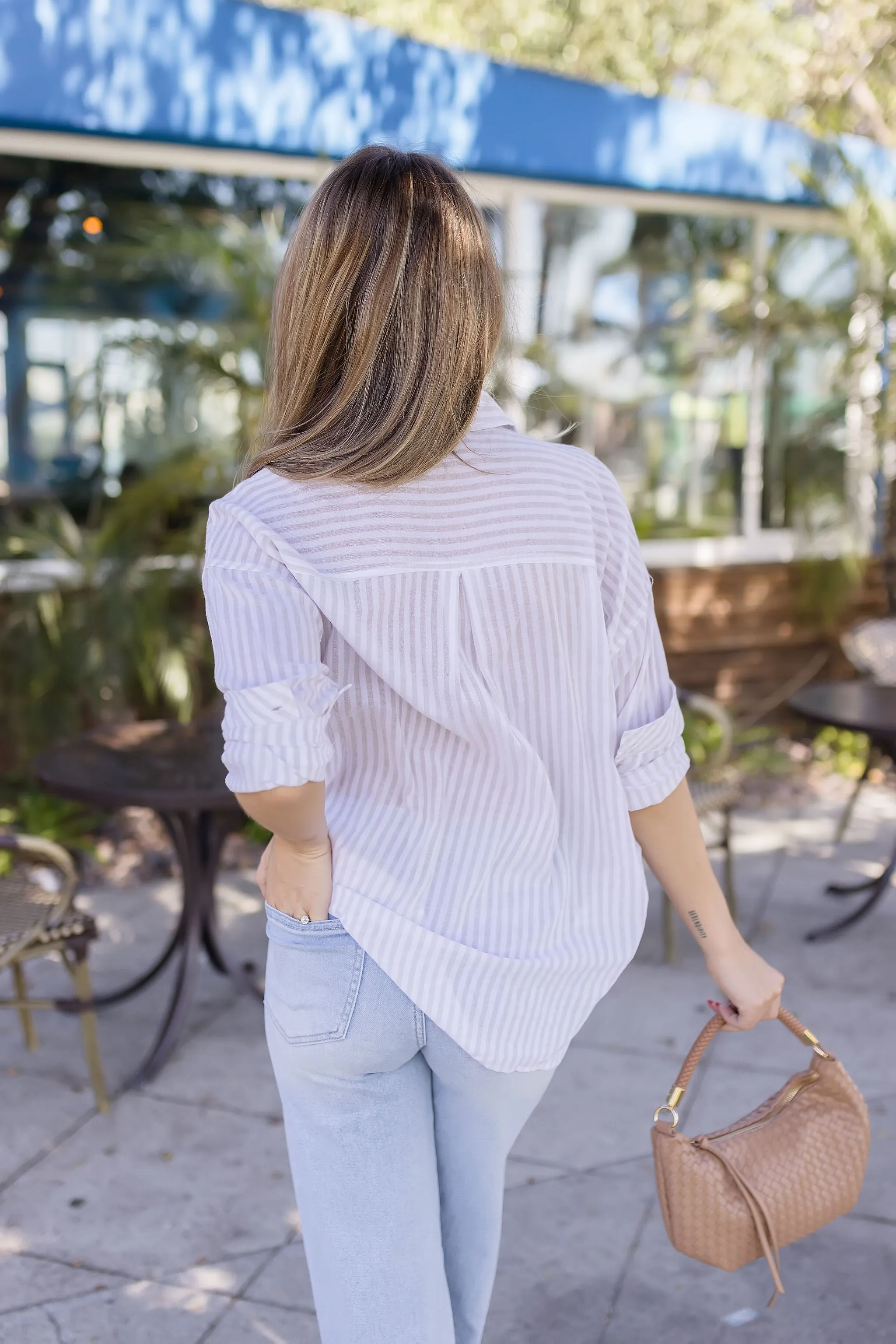 Chandler Long Sleeve Stripe Print Button Down Top Beige