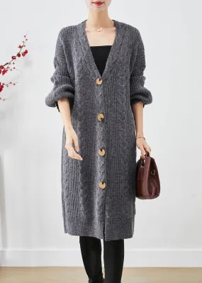 Chic Dull Grey V Neck Button Thick Cable Knit Long Cardigans Fall