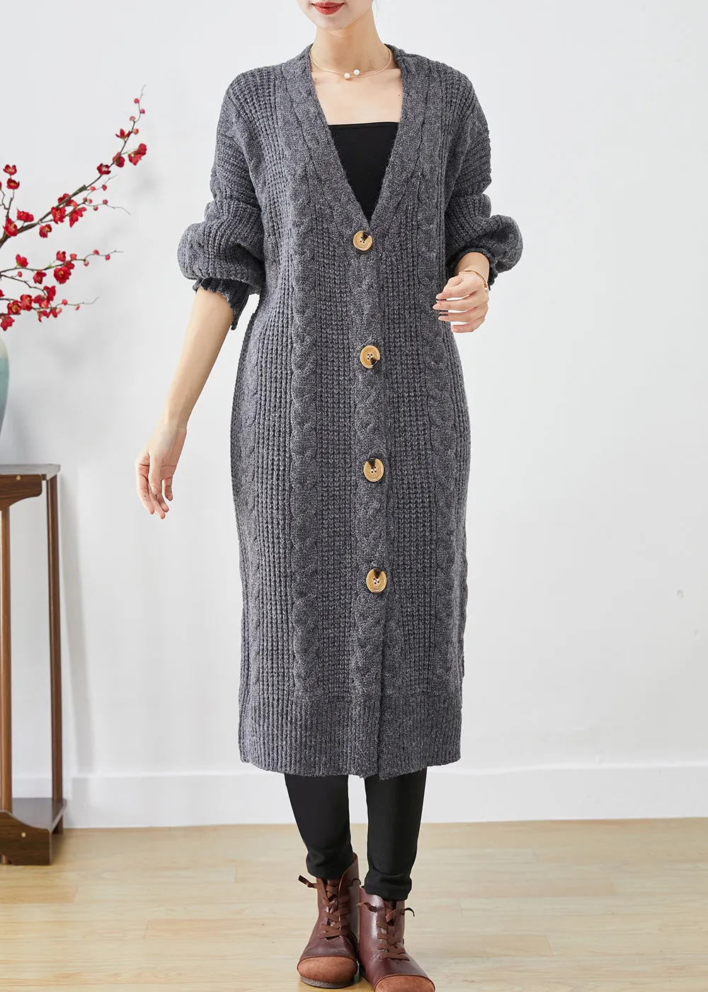 Chic Dull Grey V Neck Button Thick Cable Knit Long Cardigans Fall