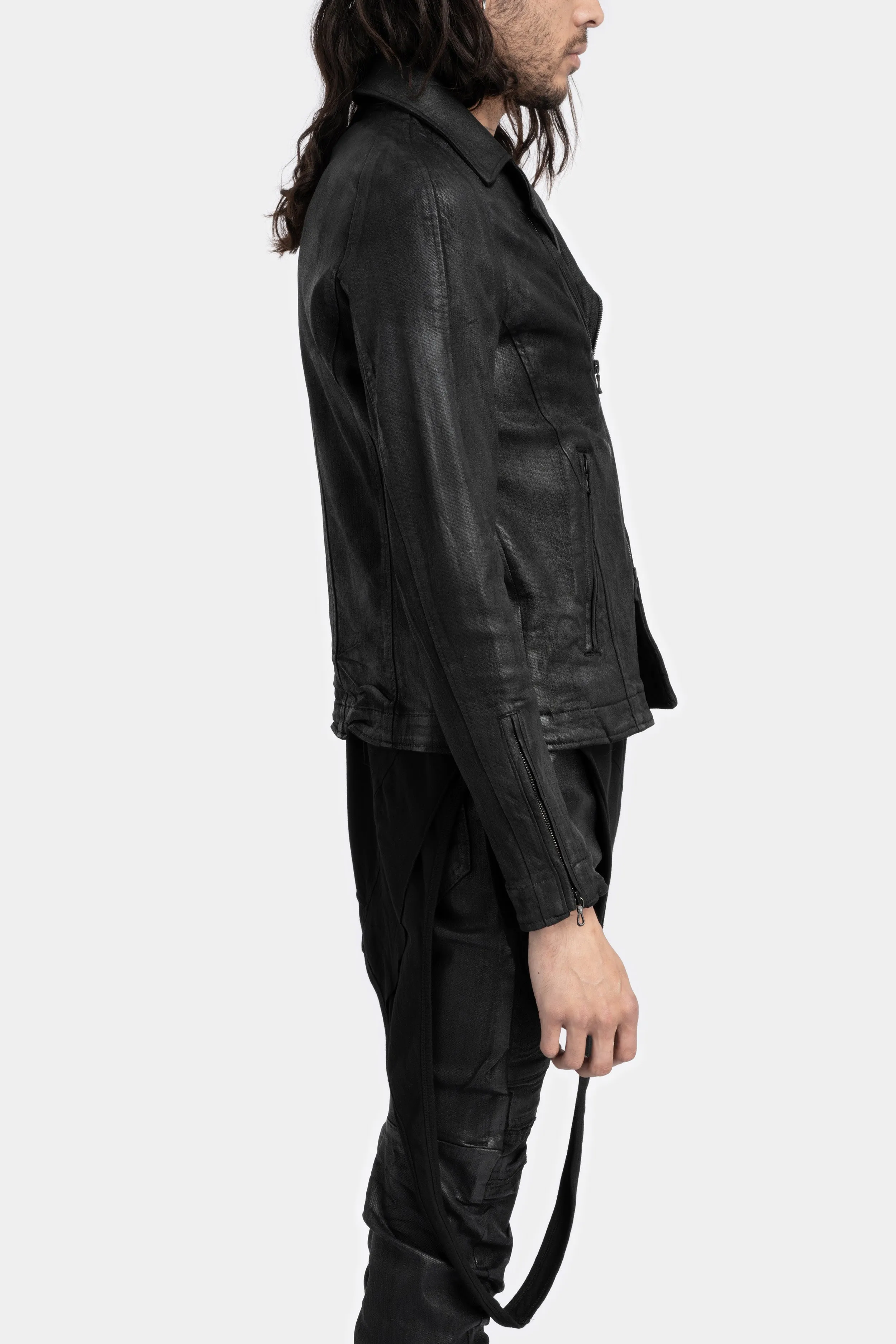 Coated denim biker jacket