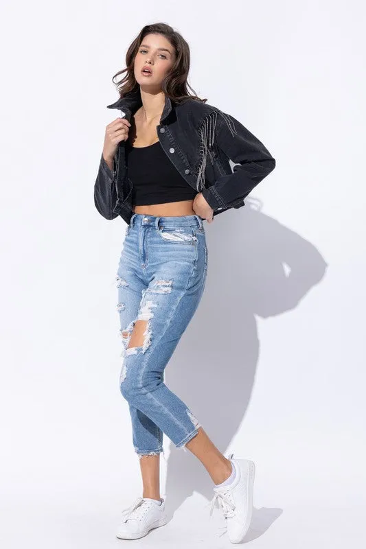 CROP DENIM JACKET WITH RHINESTONE FRINGE