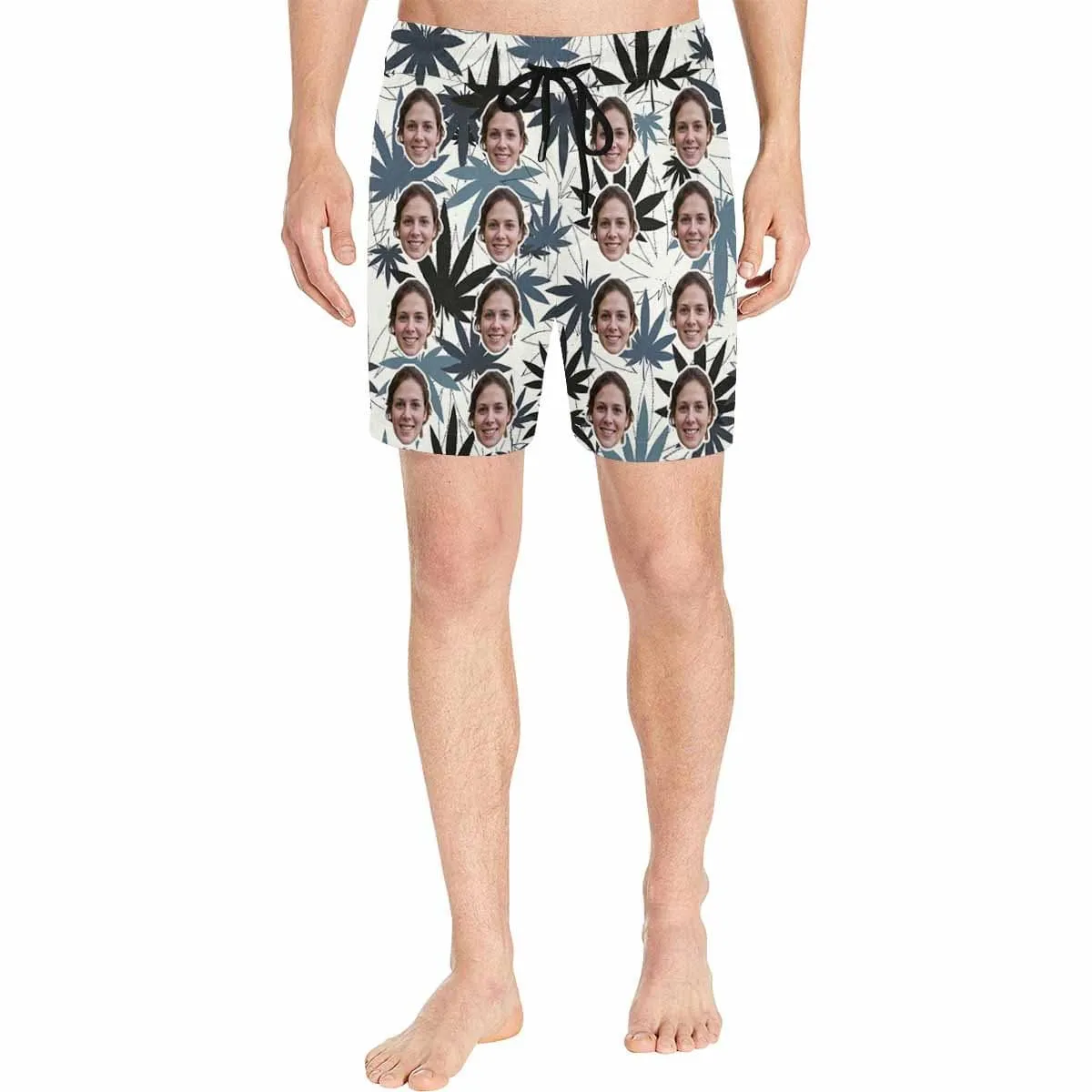 Custom Face Drawstring Swim Trunks Personalized Face Maple Leaf Men's Quick Dry Swim Shorts