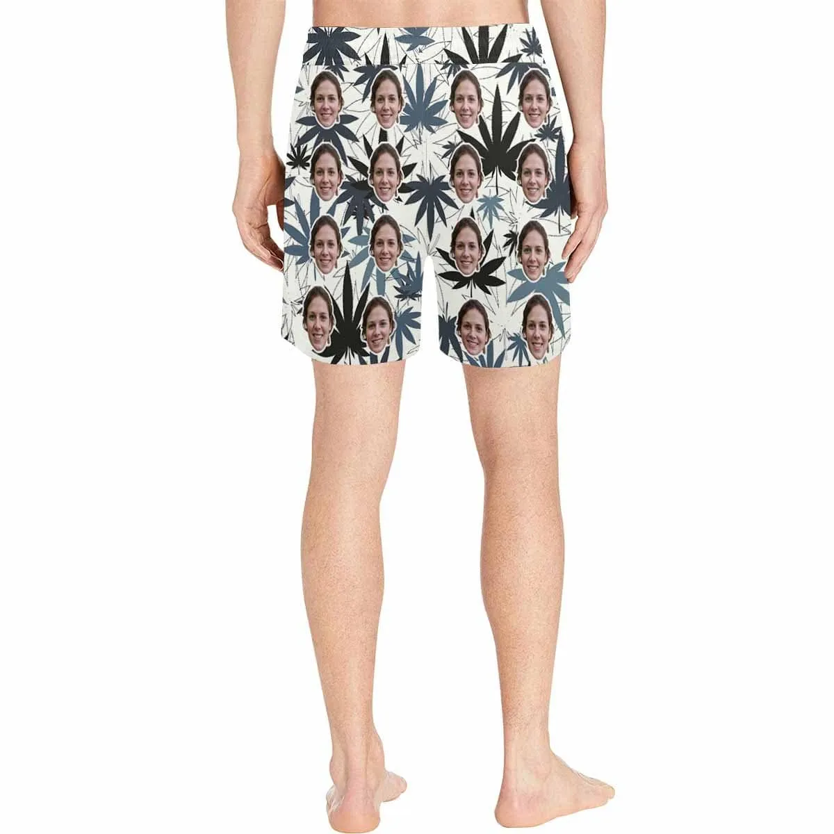 Custom Face Drawstring Swim Trunks Personalized Face Maple Leaf Men's Quick Dry Swim Shorts