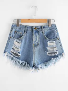 Destroyed Frayed Hem Denim Shorts