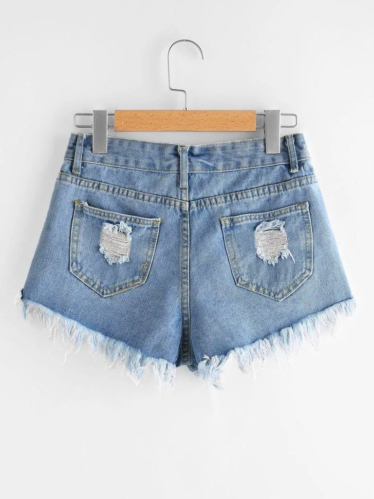 Destroyed Frayed Hem Denim Shorts