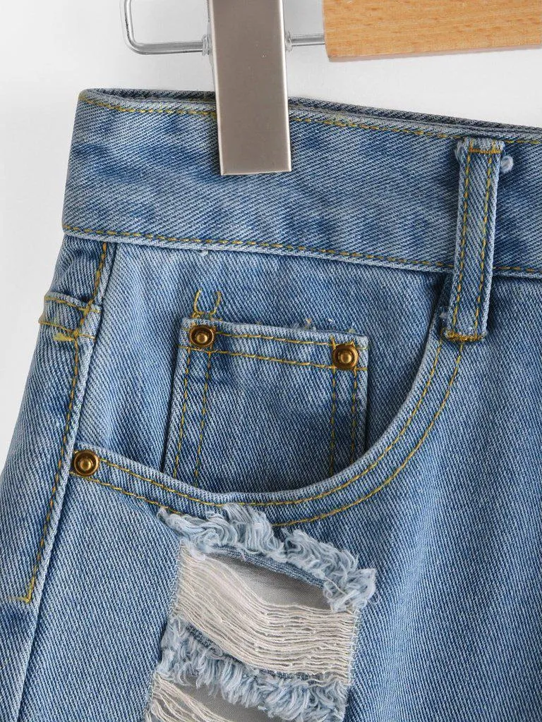 Destroyed Frayed Hem Denim Shorts