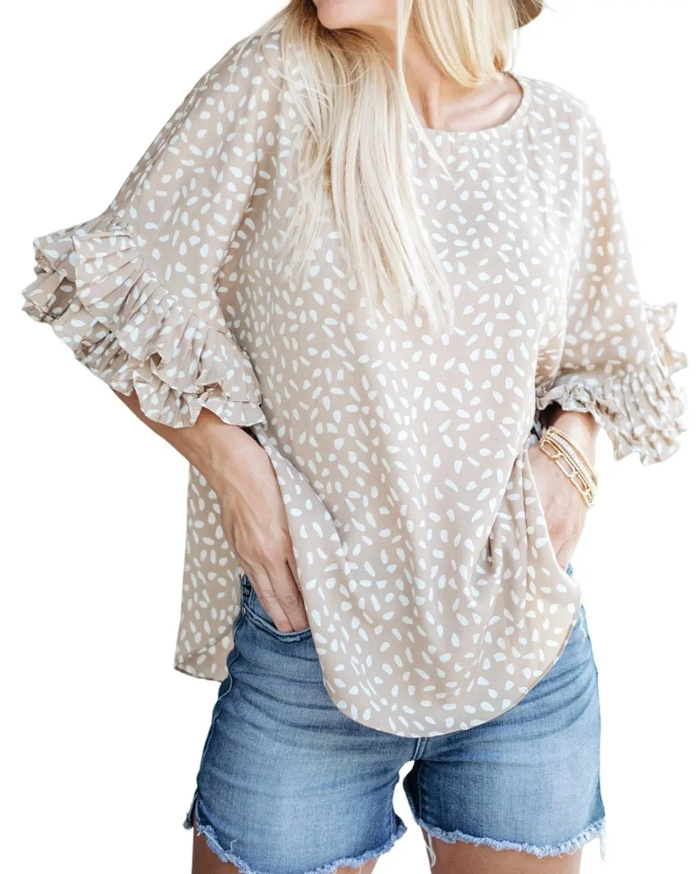 Dotted Ruffle Dolman Sleeve Blouse