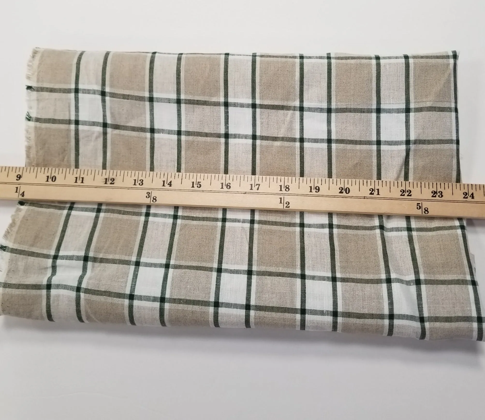 End of Bolt: 1-3/4th yards of Irish Linen Plaid Green and Tan Bryson Woven 194 GSM- remnant