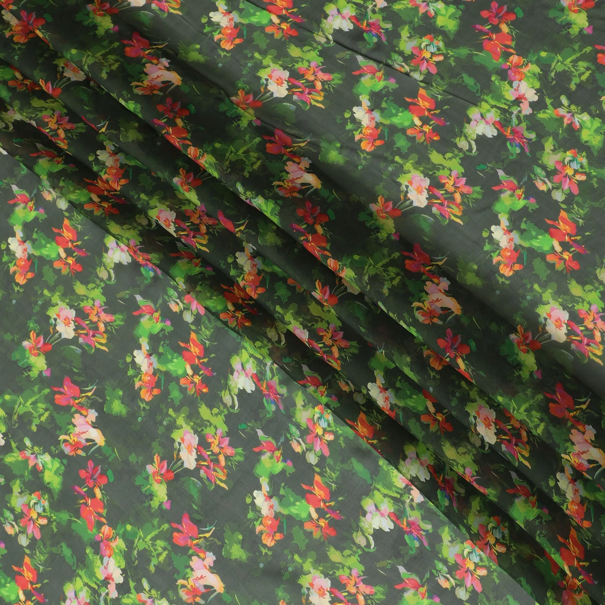 Forest Green Synthetic Chiffon Fabric with Multicolor Floral Print, 140 cm Wide-D19108