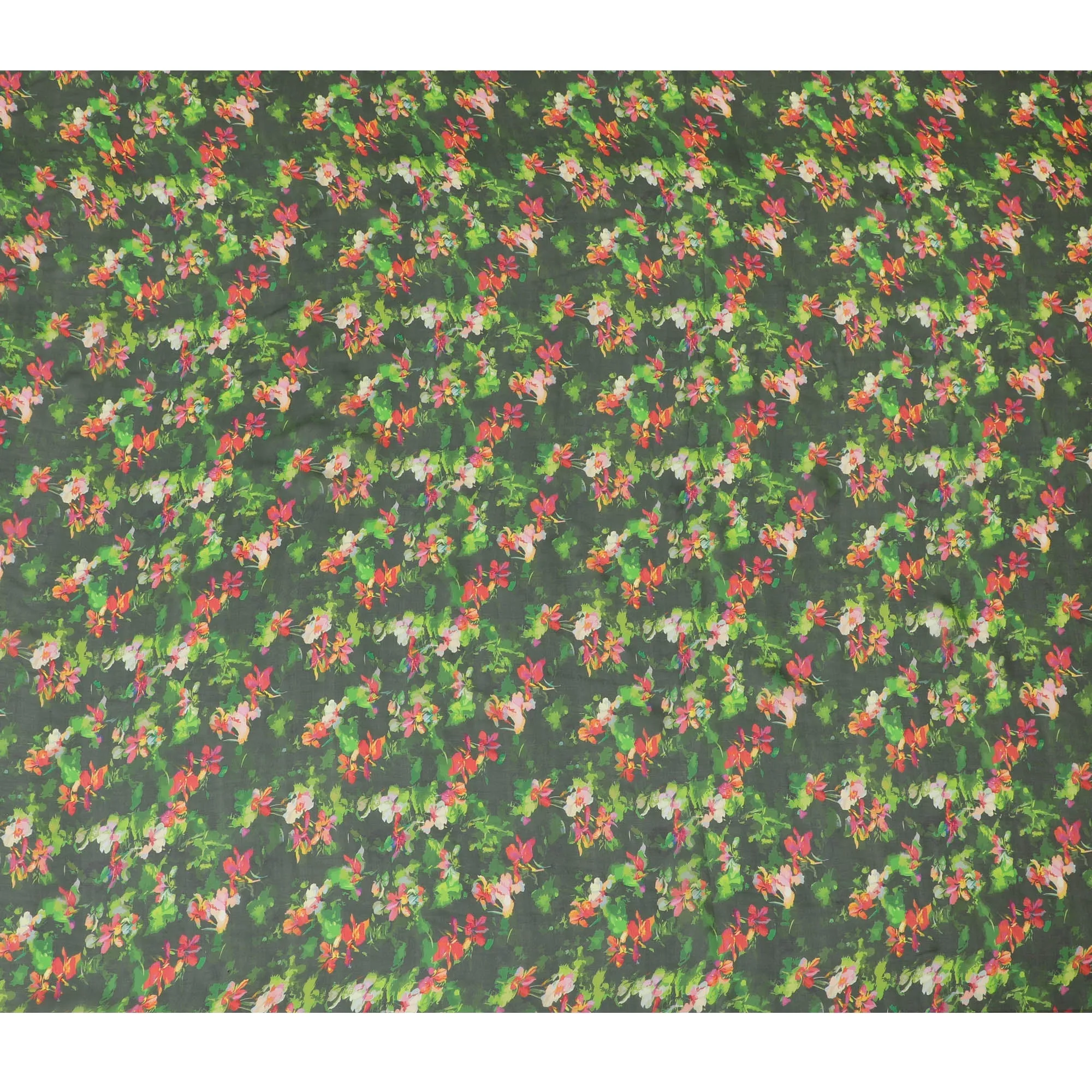 Forest Green Synthetic Chiffon Fabric with Multicolor Floral Print, 140 cm Wide-D19108