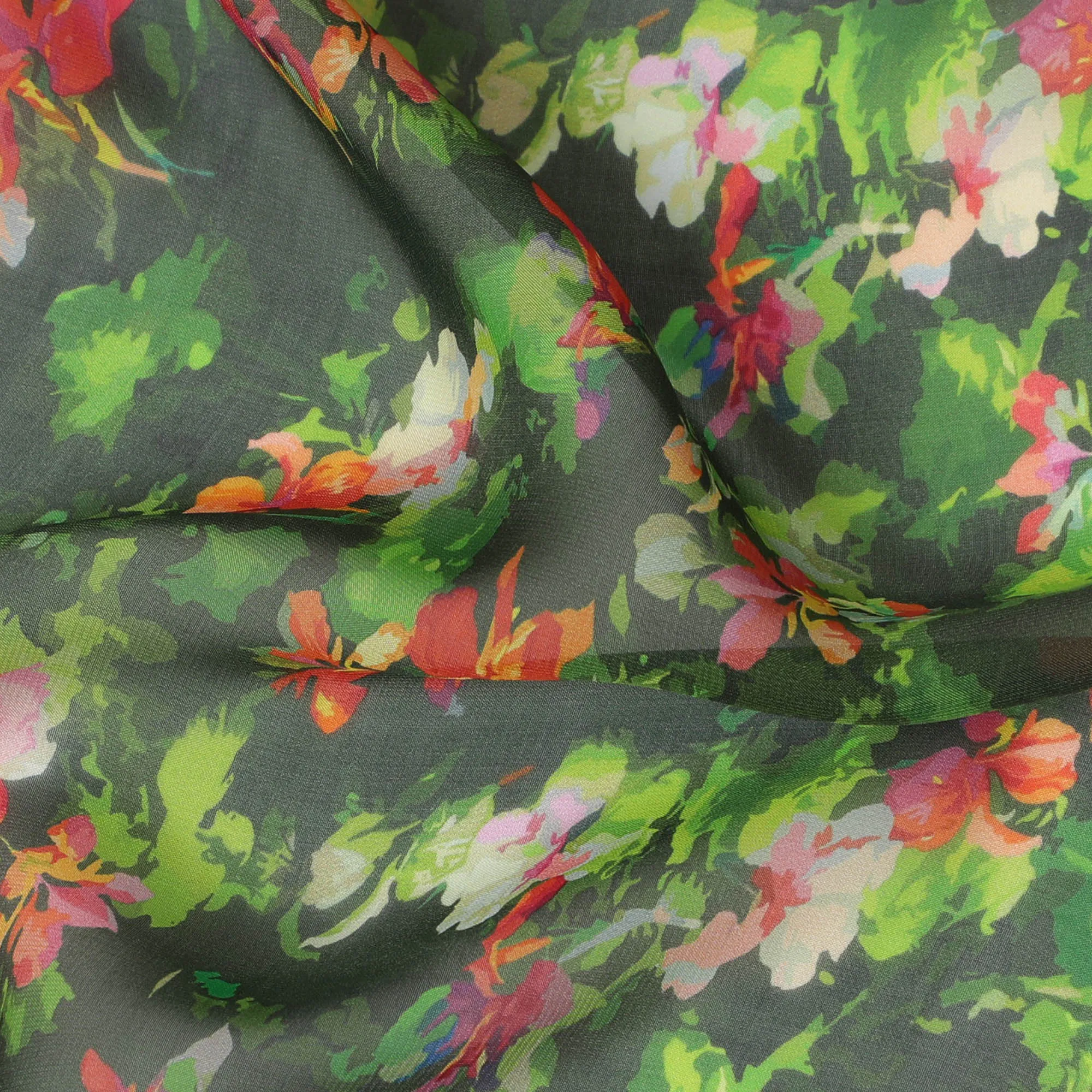 Forest Green Synthetic Chiffon Fabric with Multicolor Floral Print, 140 cm Wide-D19108