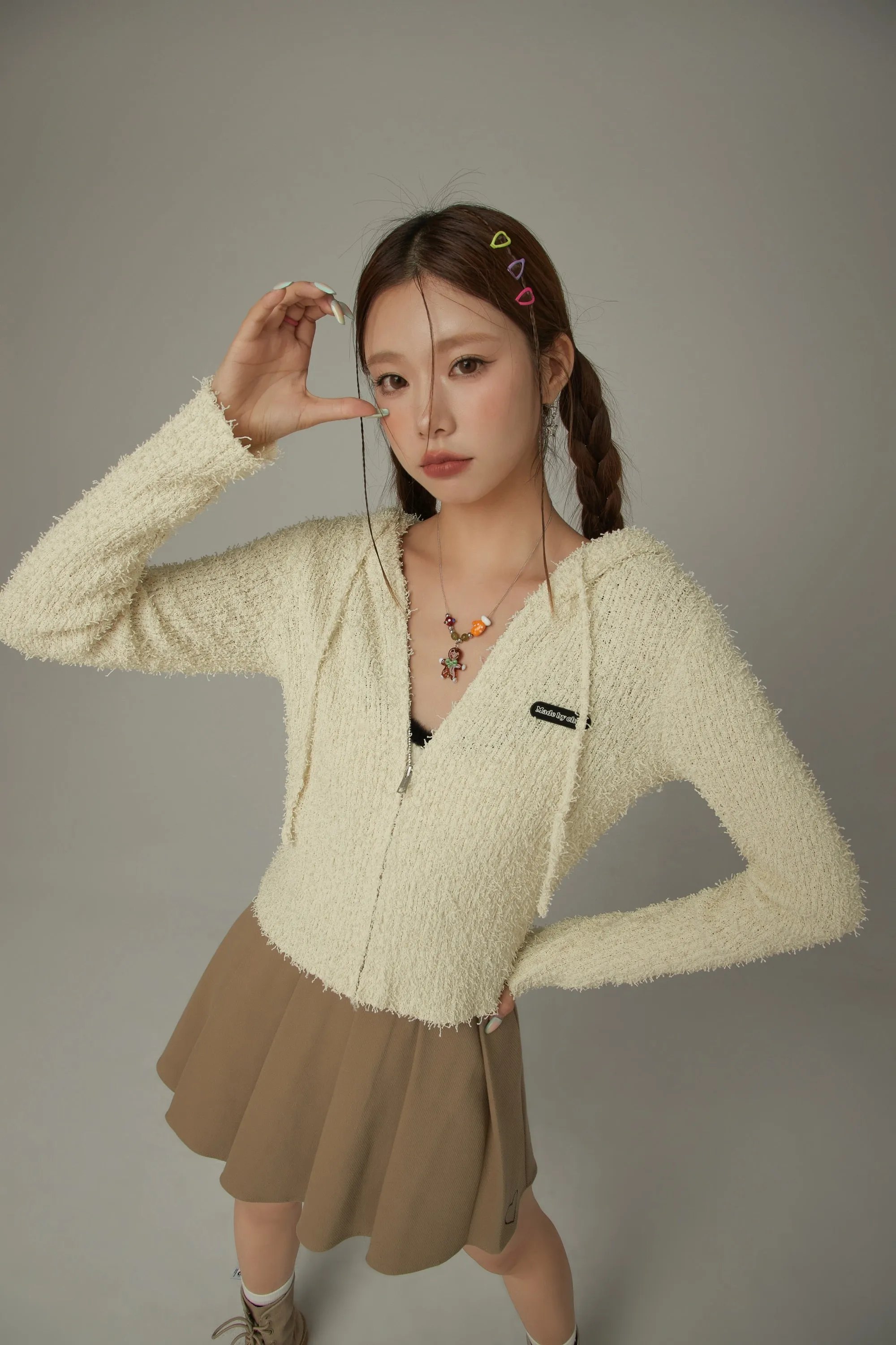 Fuzzy Hooded Knit Cardigan