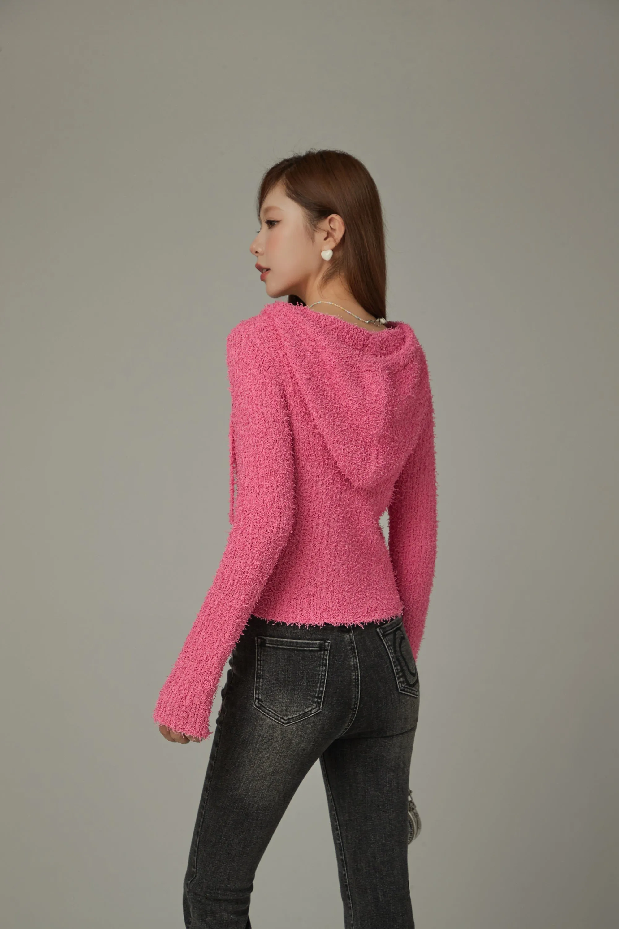 Fuzzy Hooded Knit Cardigan