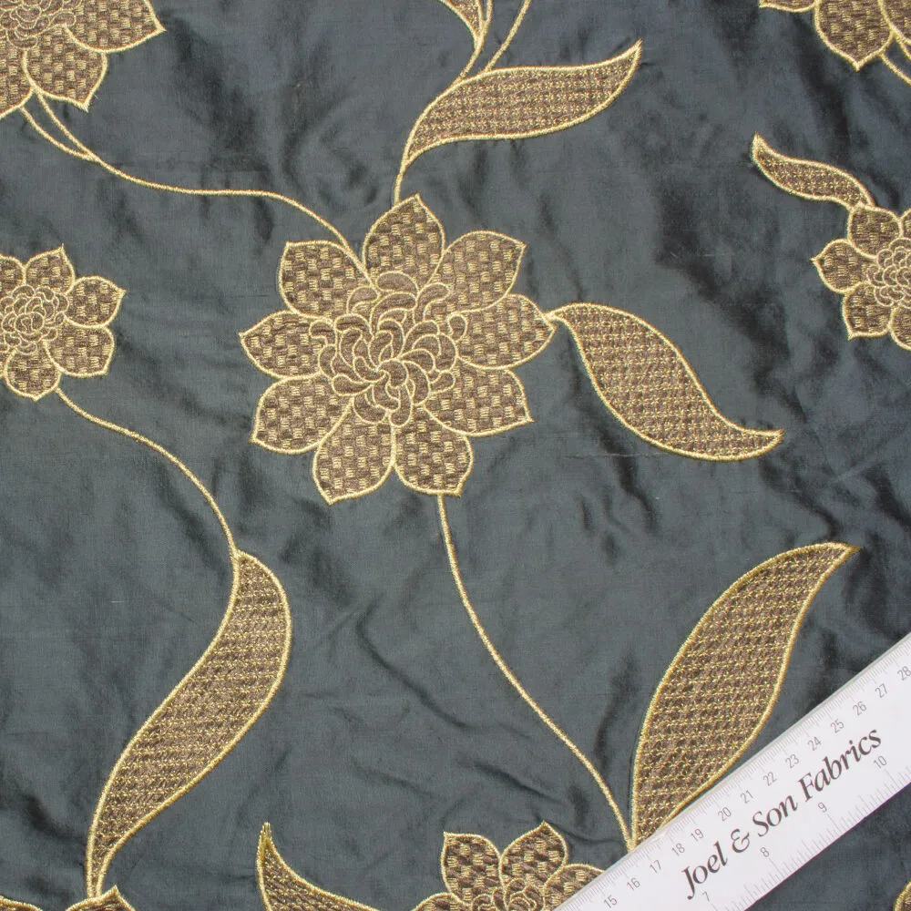 Gold Floral Embroidered Grey Silk Dupion