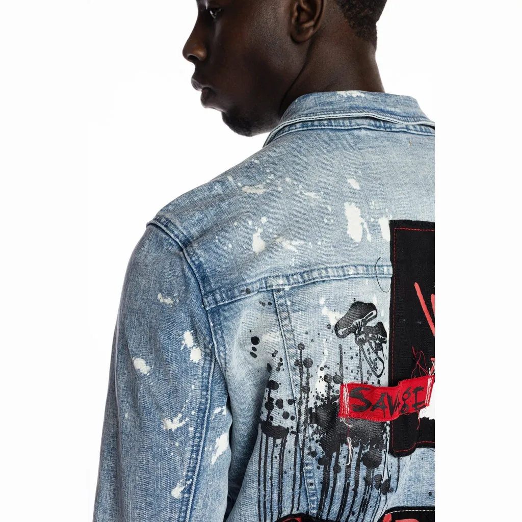 Graphic Patched Fashion Jean Jacket - Mizu Blue