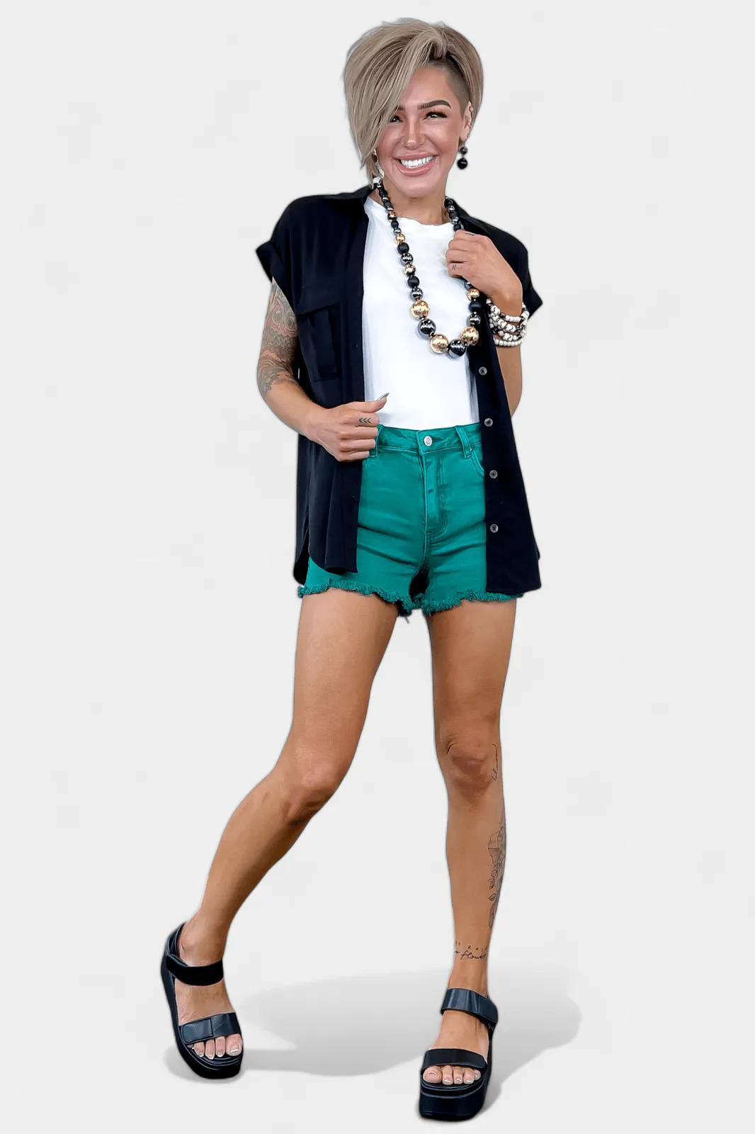 Green Acid Wash Frayed Hem Shorts