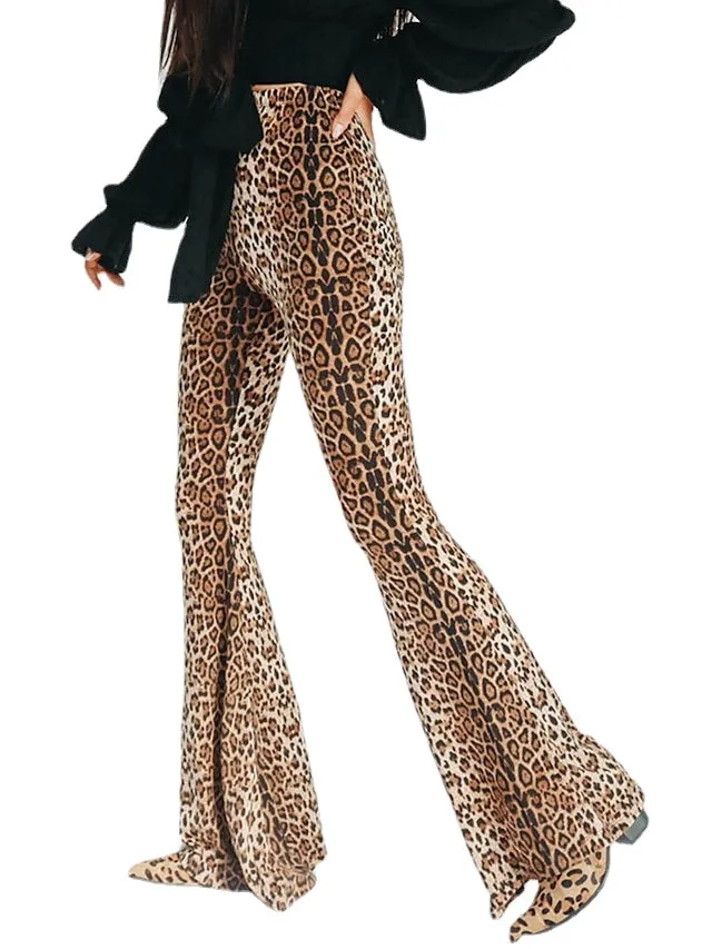 High Waist Casual Micro-elastic Leopard Women's Flare Pants