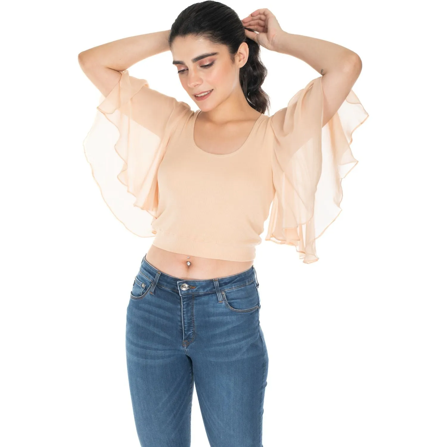 Hosiery Deep Neck Blouses - Butterfly Sleeves - Regular Size