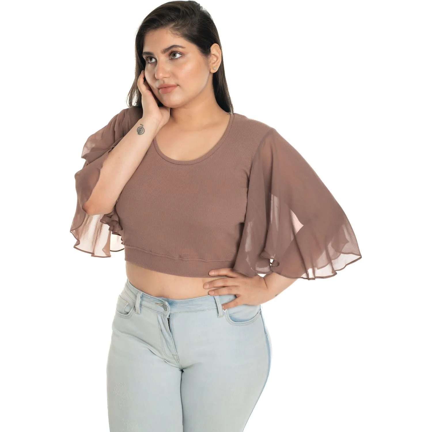 Hosiery Deep Neck Blouses - Butterfly Sleeves - Regular Size