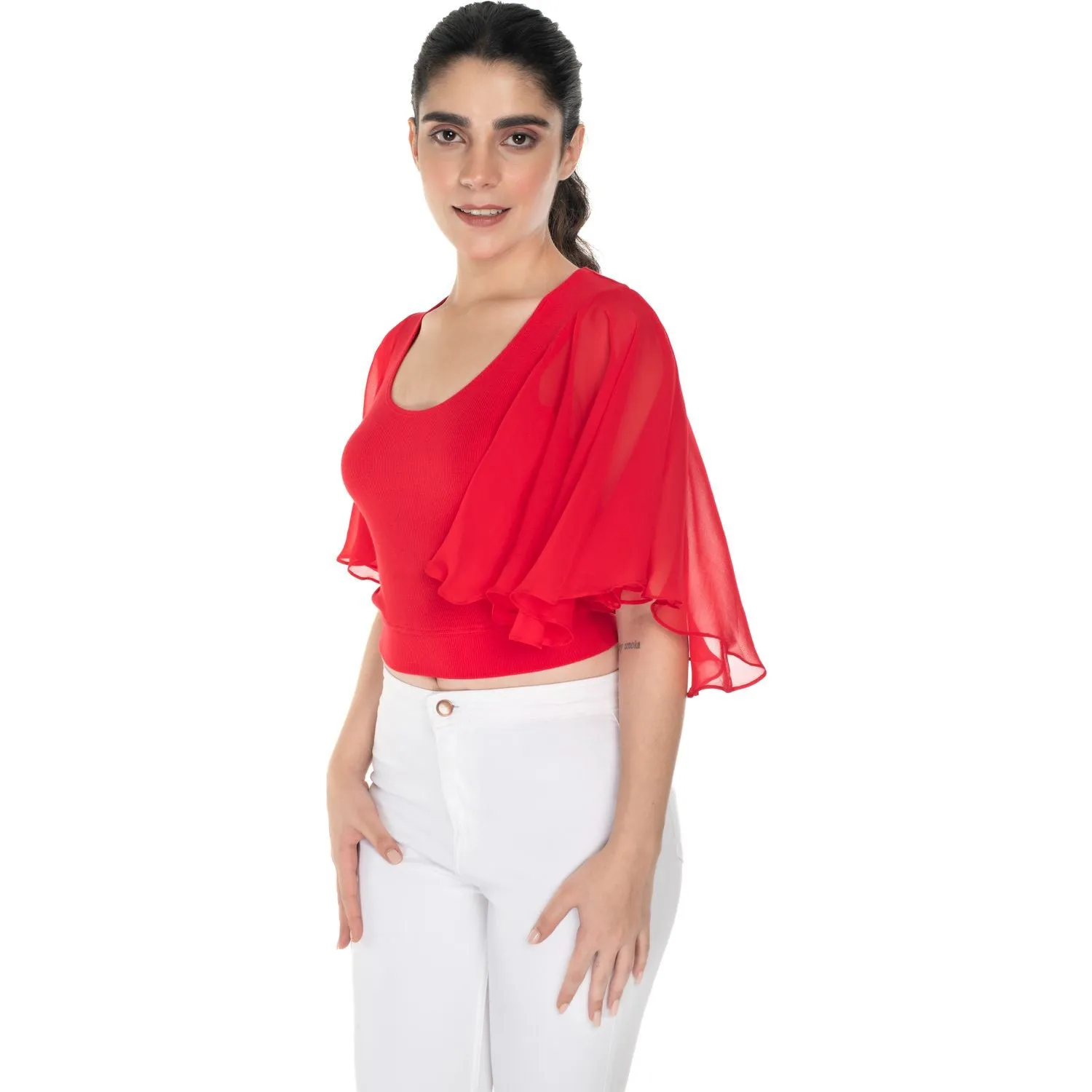 Hosiery Deep Neck Blouses - Butterfly Sleeves - Regular Size