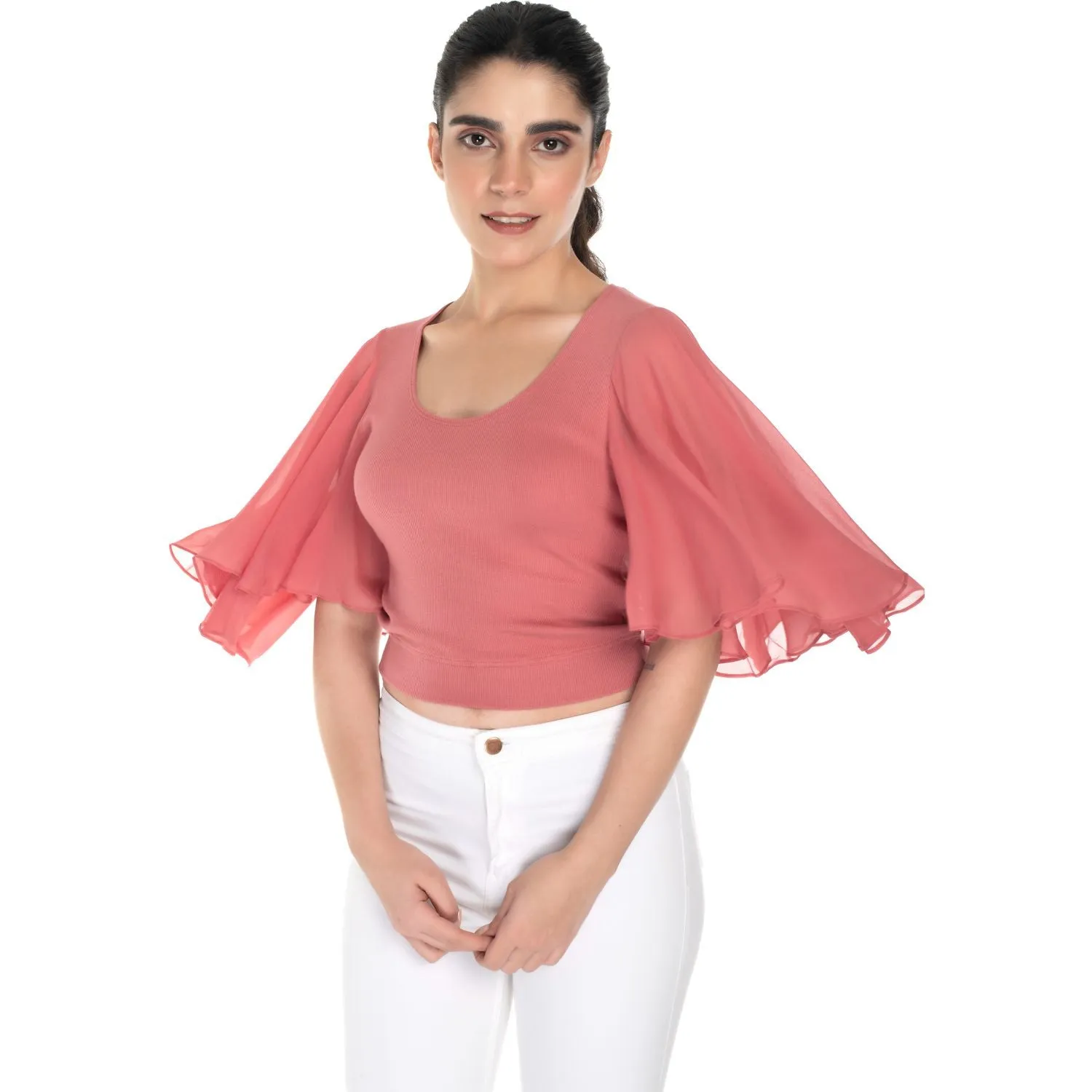 Hosiery Deep Neck Blouses - Butterfly Sleeves - Regular Size