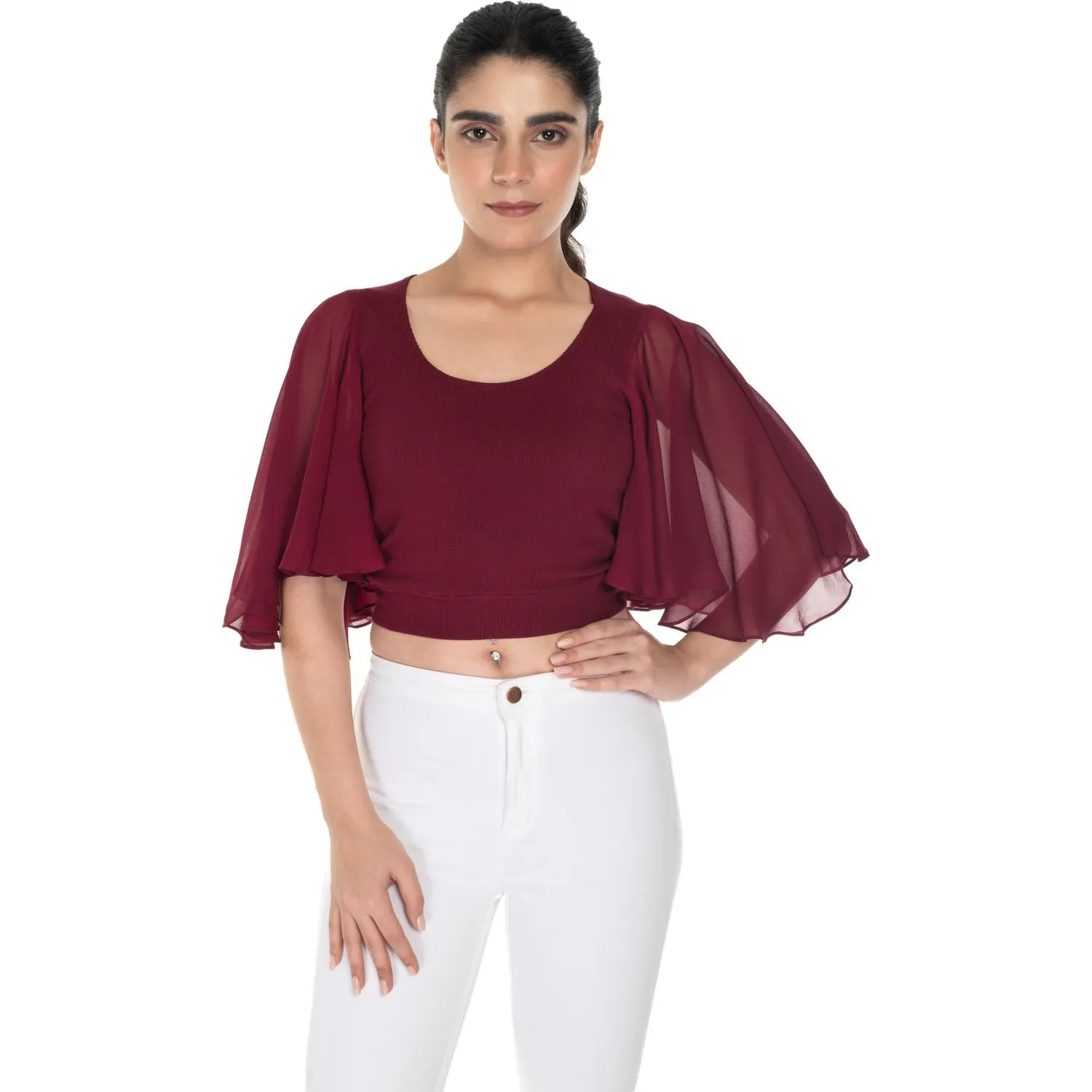 Hosiery Deep Neck Blouses - Butterfly Sleeves - Regular Size