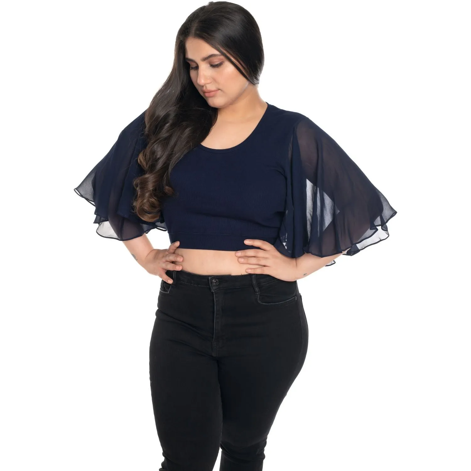 Hosiery Deep Neck Blouses - Butterfly Sleeves - Regular Size