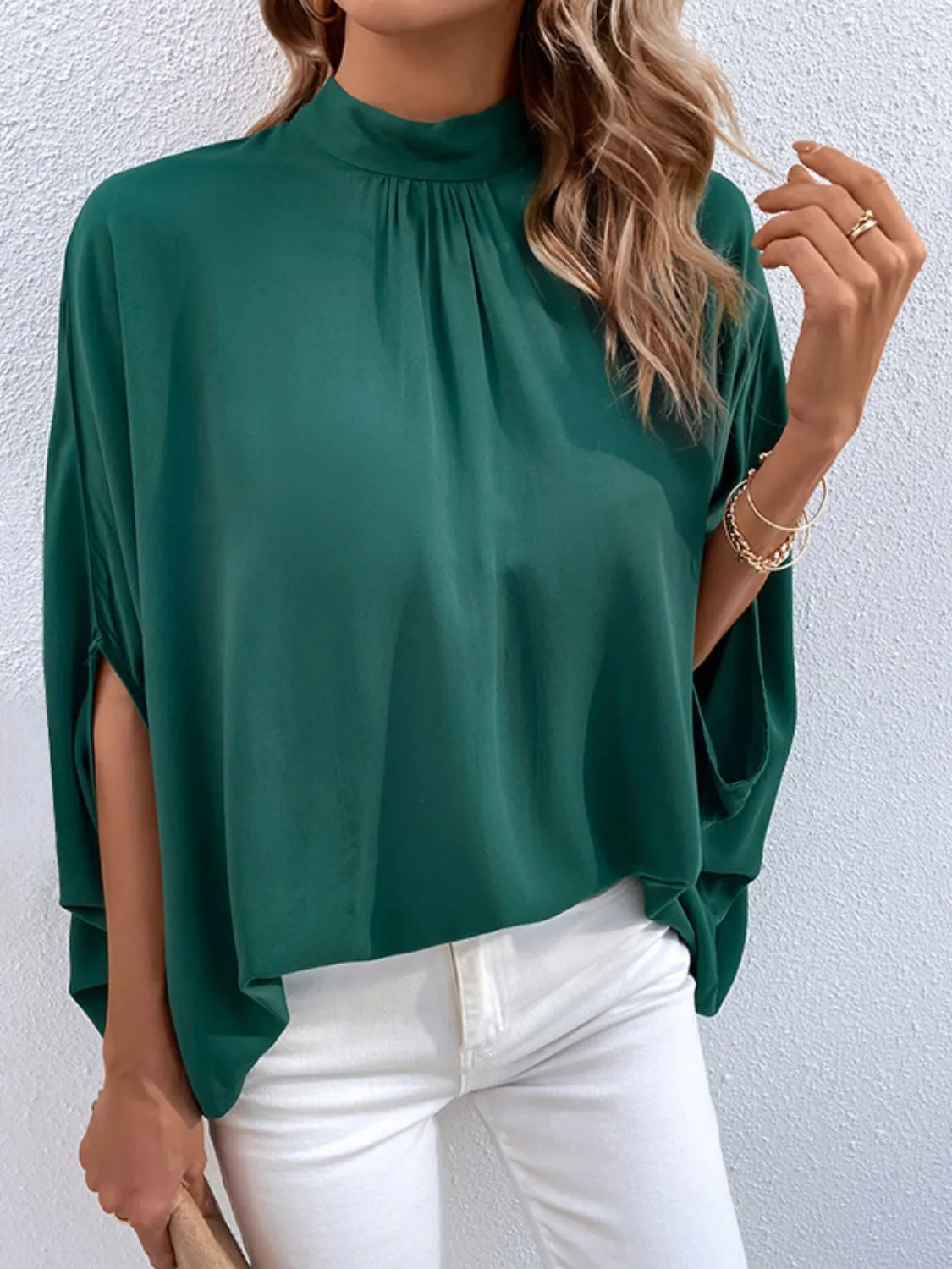 Hunter Green Tie Back Mock Neck Workwear Blouse