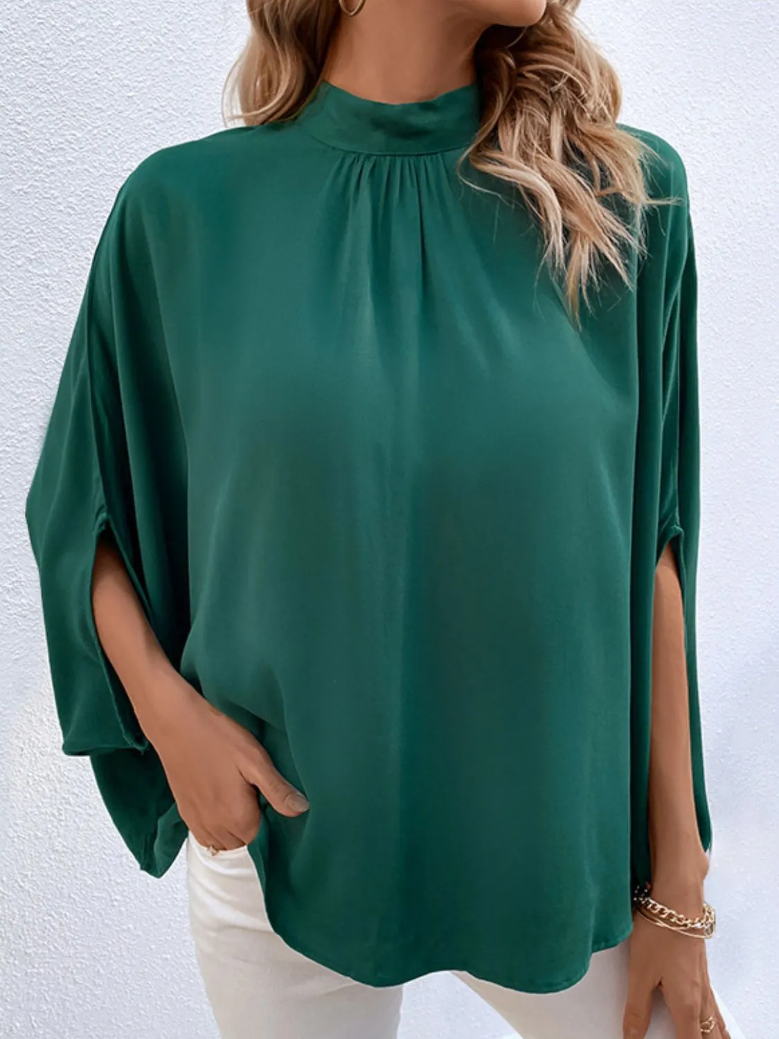 Hunter Green Tie Back Mock Neck Workwear Blouse