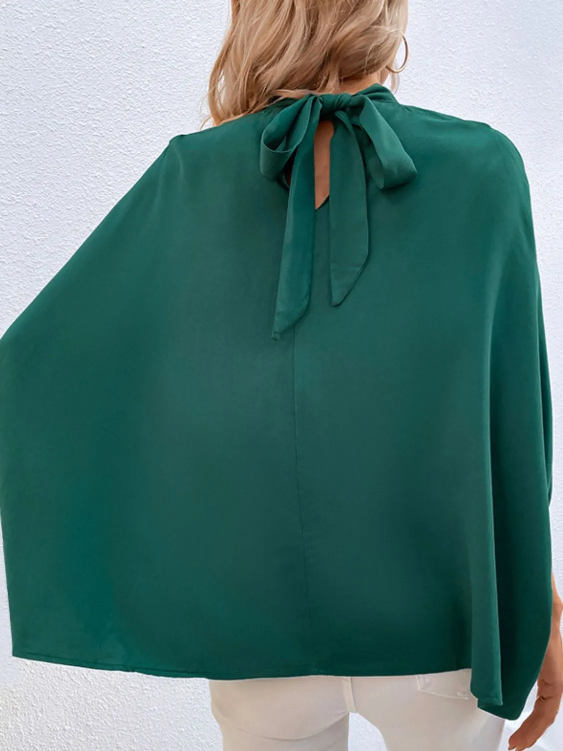 Hunter Green Tie Back Mock Neck Workwear Blouse