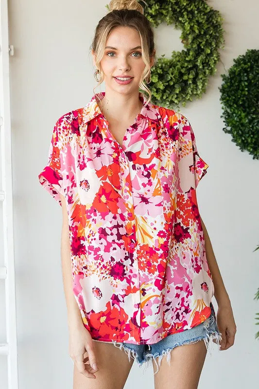 Jana Short Sleeve Button Down Floral Print Top Fuchsia