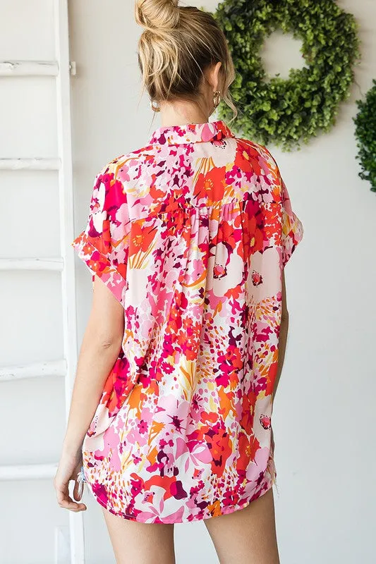 Jana Short Sleeve Button Down Floral Print Top Fuchsia