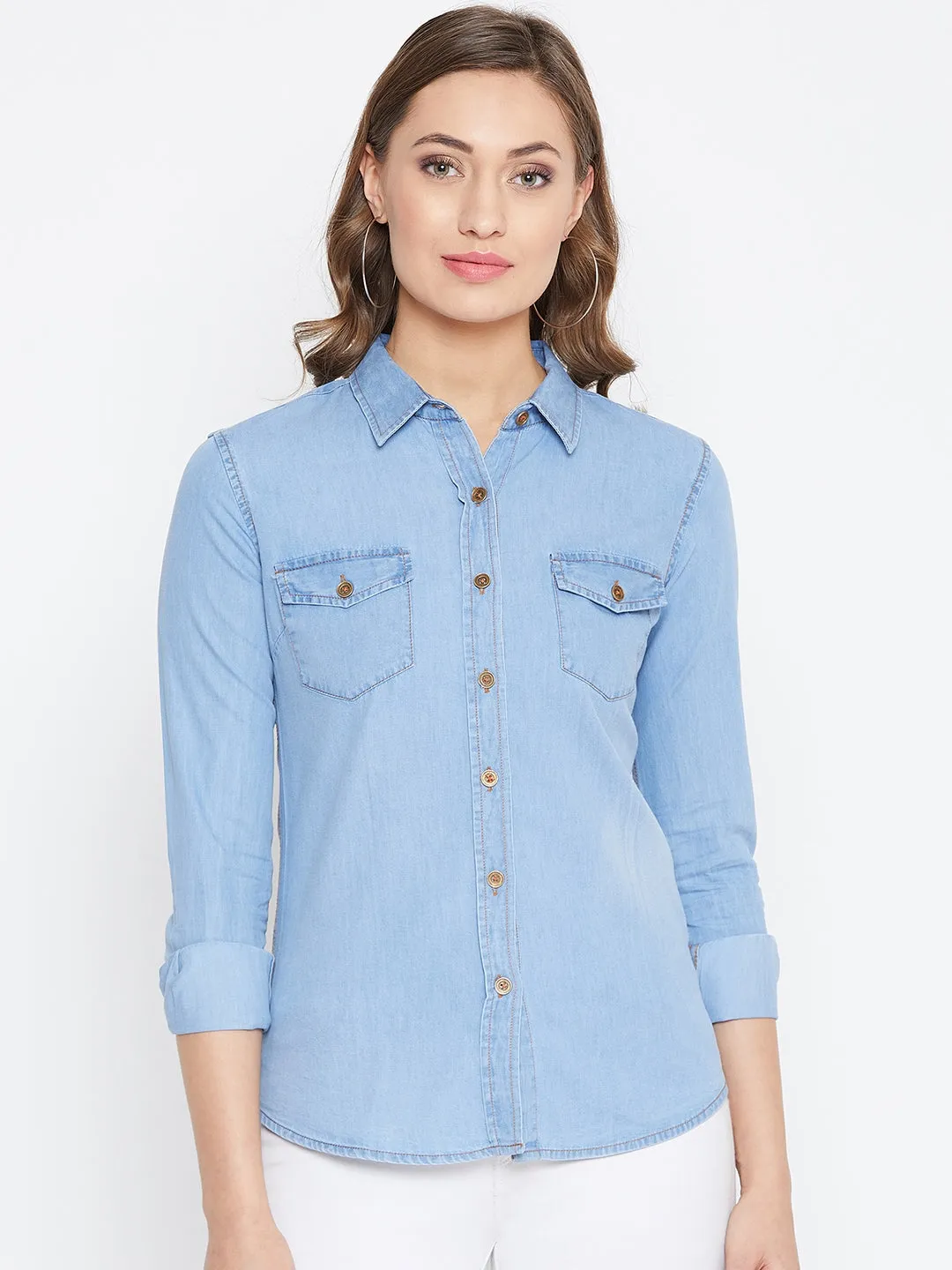 JUMP USA Women Regular Fit Blue Casual Denim Shirt