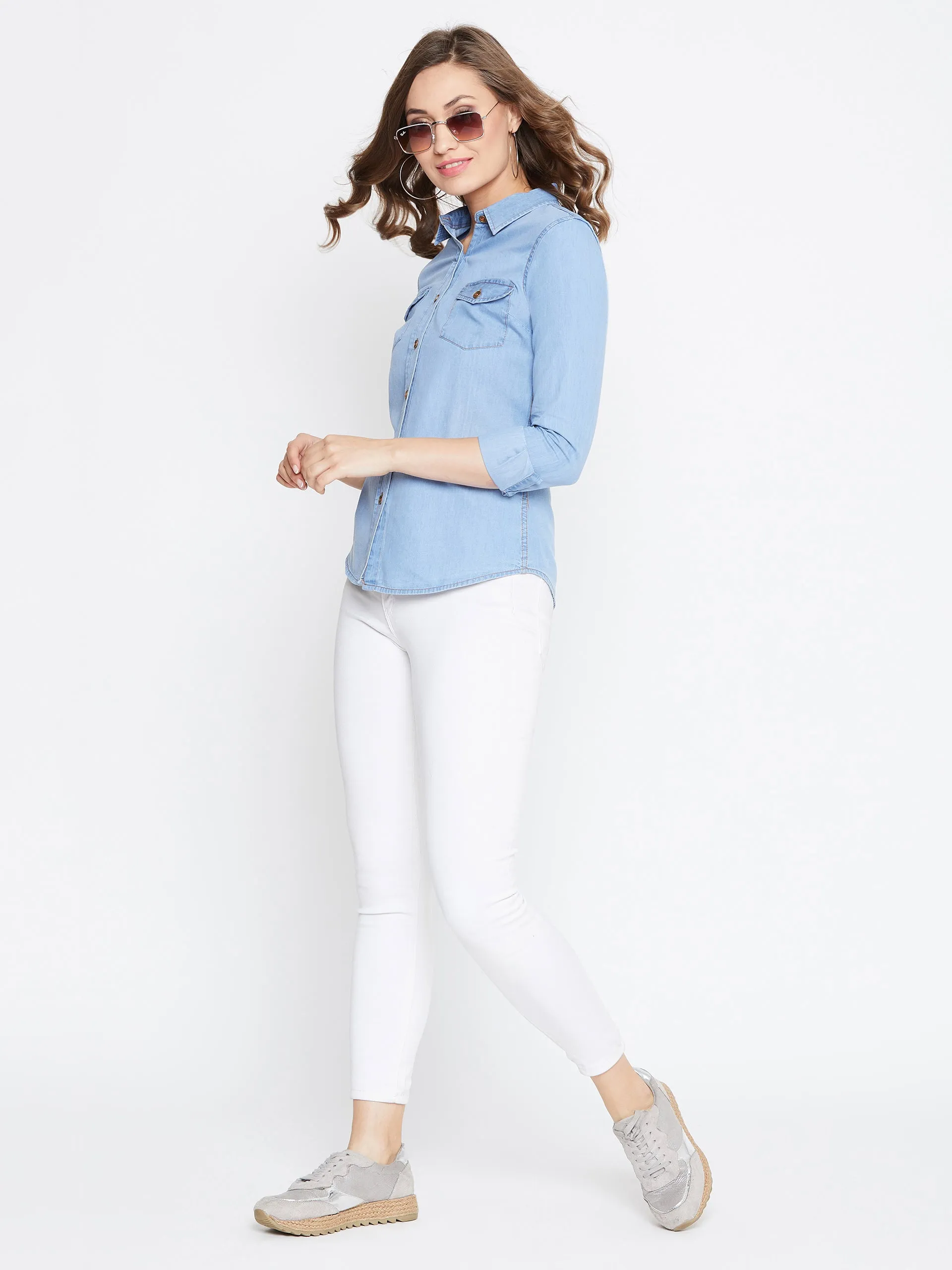 JUMP USA Women Regular Fit Blue Casual Denim Shirt