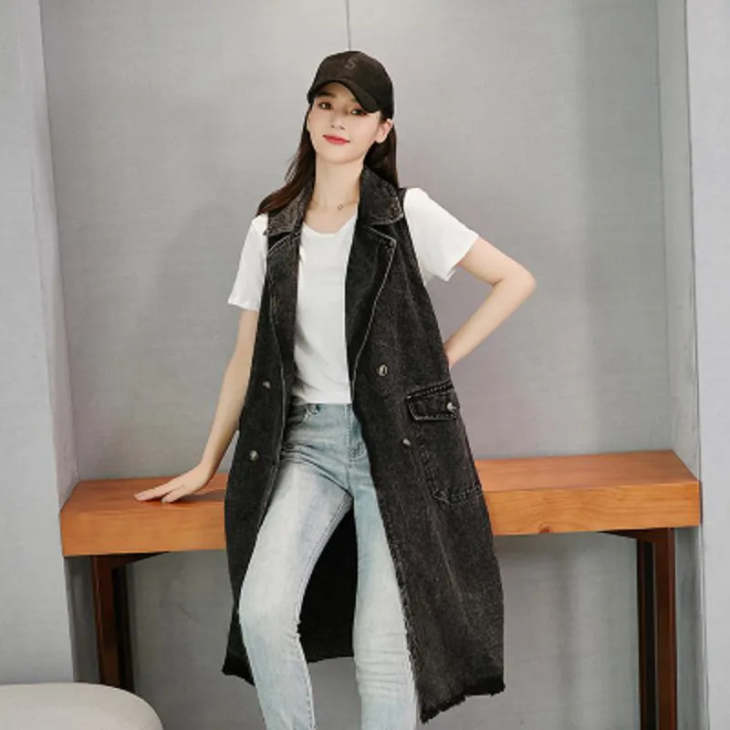 Knee-Length Versatile Worn-Out Look Loose Fit Denim Coat