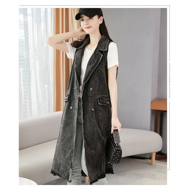 Knee-Length Versatile Worn-Out Look Loose Fit Denim Coat