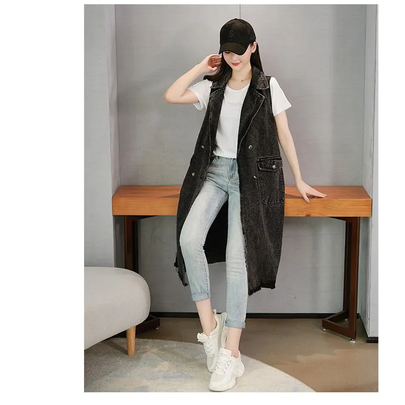 Knee-Length Versatile Worn-Out Look Loose Fit Denim Coat