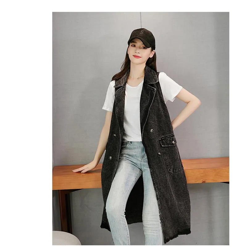 Knee-Length Versatile Worn-Out Look Loose Fit Denim Coat